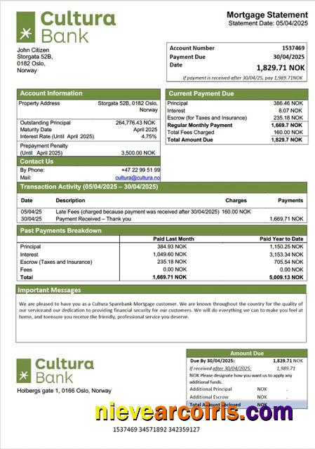 Norway Cultura Sparebank mortgage statement Word and PDF template